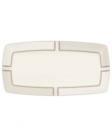 Metallic bronze lines create the sleek geometric pattern framing this glossy rectangular platter from Noritake. Crafted in durable bone china and trimmed with platinum for fine dining or everyday use. From Noritake's collection of serveware and serving dishes. Metallic bronze lines create the sleek geometric pattern framing this glossy rectangular platter from Noritake. Crafted in durable bone china and trimmed with platinum for fine dining or everyday use. From Noritake's collection of serveware and serving dishes.