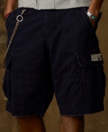 Faded and frayed for handsome ruggedness, this surplus-inspired cargo short will become your favorite for a downtown, deconstructed look. Faded and frayed for handsome ruggedness, this surplus-inspired cargo short will become your favorite for a downtown, deconstructed look.