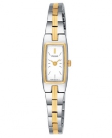 Beautiful for any occasion, this women's watch from Pulsar glistens with two tones. Stainless steel silvertone bracelet and rectangular case with goldtone accents. Rectangular white dial with logo and stick indices. Quartz movement. Three-year limited warranty.