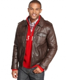Easy rider. Get your classic American style on with the vintage cow leather motorcycle jacket from Tommy Hilfiger. Easy rider. Get your classic American style on with the vintage cow leather motorcycle jacket from Tommy Hilfiger.