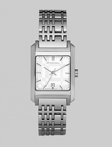 Familiar Burberry checks are subtly designed into the bracelet of this elegant stainless steel watch with a silver dial.Quartz movement Water-resistant to 5ATM Smooth bezel Square stainless steel case; 26 mm (.98) X 29 mm (1.14) Silver sunray textured dial Bar hour markers Date display at 6:00 Second hand Stainless steel link bracelet in check pattern; 16mm wide (.63) Made in Switzerland