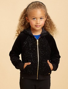 Add a little sparkle to playtime with shimmering specks on the front, back and hood of this cozy fleece hoodie.Attached hoodZip front with J pullLong plain sleeves with ribbed cuffsRibbed waistAngled front pocketsJuicy heart charm near hemCotton jersey liningPolyesterHand washImported Add a little sparkle to playtime with shimmering specks on the front, back and hood of this cozy fleece hoodie.Attached hoodZip front with J pullLong plain sleeves with ribbed cuffsRibbed waistAngled front pocketsJuicy heart charm near hemCotton jersey liningPolyesterHand washImported