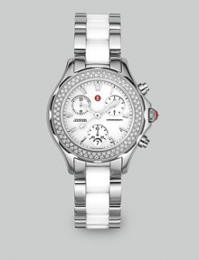 From the Tahitian Collection. Brilliant, faceted diamonds adorn the bezel of a Swiss-made, stainless steel and white ceramic design in a timeless expression of luxury and style. Swiss quartz chronograph movement Water-resistant to 5 ATM Diamond bezel; 0.47 tcw Stainless steel case; 35mm (1.38) K1 mineral crystal round face Three chronograph sub dials Date display at 6 o'clock Second hand Ceramic link bracelet; 18mm wide (0.71) Imported