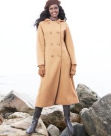 A dramatic hooded topper from Anne Klein keeps you warm in style. The elongated hem and double-breasted buttons put a fresh spin on a classic, tailored silhouette. A dramatic hooded topper from Anne Klein keeps you warm in style. The elongated hem and double-breasted buttons put a fresh spin on a classic, tailored silhouette.