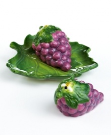 A fun bunch, Grape salt and pepper shakers from Martha Stewart Collection are bursting with whimsical detail, from juicy purple fruit and bumblebees to the leaf-shaped dish that accompanies them. A fun bunch, Grape salt and pepper shakers from Martha Stewart Collection are bursting with whimsical detail, from juicy purple fruit and bumblebees to the leaf-shaped dish that accompanies them.