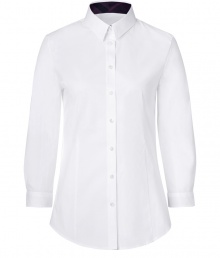 Turn up your cuffs and showcase Burberrys iconic check in this crisp white button-down from Burberry London - Classic collar with checked lining, 3/4 sleeves, buttoned turn-up checked cuffs, button-down front, shirttail hemline - Form-fitting - Wear with everything from jeans and flats to pencil skirts and heels