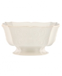 With fanciful beading and a feminine shape, this centerpiece bowl from the Lenox French Perle dinnerware collection has an irresistibly old-fashioned sensibility. Hard-wearing stoneware is dishwasher safe and, in a soft white hue with antiqued trim, a graceful addition to every meal. Qualifies for Rebate With fanciful beading and a feminine shape, this centerpiece bowl from the Lenox French Perle dinnerware collection has an irresistibly old-fashioned sensibility. Hard-wearing stoneware is dishwasher safe and, in a soft white hue with antiqued trim, a graceful addition to every meal. Qualifies for Rebate