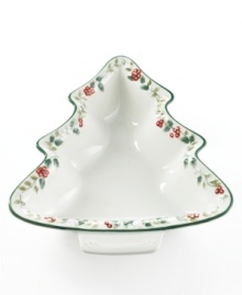 Timber! This tree-shaped serving bowl is a wonderfully whimsical addition to the timeless Winterberry pattern. Hand-painted holly leaves and bright red berries are accented with raised details and a rich green rim. From Pfaltzgraff's collection of dinnerware and dishes. Timber! This tree-shaped serving bowl is a wonderfully whimsical addition to the timeless Winterberry pattern. Hand-painted holly leaves and bright red berries are accented with raised details and a rich green rim. From Pfaltzgraff's collection of dinnerware and dishes.