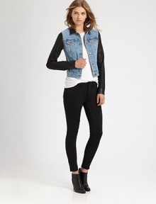 Comfy denim favorite emboldened by contrasting leather trim. Leather point collarLong leather sleevesButton frontButtoned front flap pocketsAbout 19 from shoulder to hem98% cotton/2% elastaneDry clean with leather specialistMade in USA of imported fabricModel shown is 5'10 (177cm) wearing US size 4. Comfy denim favorite emboldened by contrasting leather trim. Leather point collarLong leather sleevesButton frontButtoned front flap pocketsAbout 19 from shoulder to hem98% cotton/2% elastaneDry clean with leather specialistMade in USA of imported fabricModel shown is 5'10 (177cm) wearing US size 4.