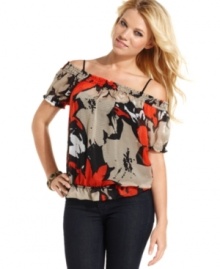 Rock chic, senorita style by day in this top from GUESS?: a medley of bold print, blouson fit and shoulder-baring design! Rock chic, senorita style by day in this top from GUESS?: a medley of bold print, blouson fit and shoulder-baring design!