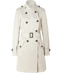 This edgy-cool trench brings a modern approach to a classic wardrobe staple - Double-breasted cut, epaulets, belted waist, flap pockets, back slit - Style with high-waisted skinny jeans, a bright sweater, and wedge booties This edgy-cool trench brings a modern approach to a classic wardrobe staple - Double-breasted cut, epaulets, belted waist, flap pockets, back slit - Style with high-waisted skinny jeans, a bright sweater, and wedge booties