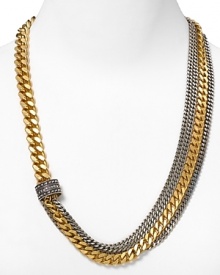 Drape on this mixed-metal necklace from Giles & Brother for edgy appeal. Curb chain in brass and silver oxide are joined by a subtly spiked loop for dynamic yet contained movement.