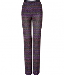 Channel the sophisticated side of the 1970s in these ultra lavish Lurex printed pants from Missoni - High-waisted, flat front, straight leg, fitted silhouette, all-over knit print - Wear with a tie-front blouse, a bold-shoulder blazer, and platform pumps