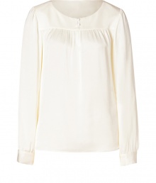 Ultra-sophisticated top in fine, natural white silk - Narrow silhouette with round neck and long, billowing sleeves - Decorative buttons - Fits looks for the office with a pencil skirt and blazer, and causal styles with jeans and flats