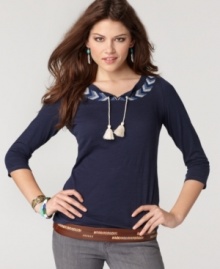 Lucky Brand Jeans offers a tee with charming peasant top styling for a fun look with a boho twist! Embroidery and tassels at the neckline add an artisan-inspired touch, too!