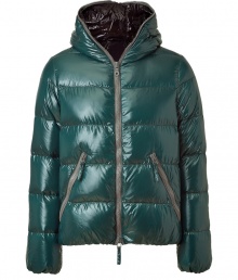 A sleek patina and vibrant contrast piping lend this Duvetica down jacket its sporty and stylish edge - In a lighter weight, wind- and water-resistant green polyamide with grey trim - Straight cut fits close to the body for extra warmth - Full zip, hood and oversize diagonal zippered pockets at front - Perfect for cold weather casual looks - Pair with jeans, chinos, cords and athletic pants