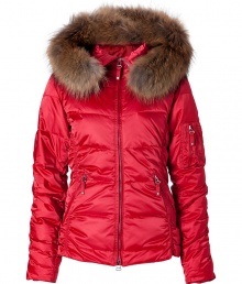 With its allover sheen and radiant red hue, Jet Sets quilted down parka is a must for sporty ski-chic looks - Stand-up collar with raccoon trimmed hood, ruched long sleeves, ribbed knit cuffs, two-way front zip, zippered pockets, longer back, printed lining with zippered and snapped pockets, inside zip-away fitted waist band with snap closures and silicon around the bottom for hold - Form-fitting - Wear with sporty trousers and winter weather boots