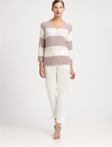 Bold stripes band the body of this softly knit wool pullover.V necklineBracelet sleevesRib-knit cuffs and hemVented hemlineWool/viscoseDry cleanImportedModel shown is 5'10 (177cm) wearing US size Small. 