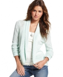 Get your layering on with this shawl-collar cardi from JJ Basics! Slub knit fabric and chunky ribbed trims make the sweater a cozy treat. Get your layering on with this shawl-collar cardi from JJ Basics! Slub knit fabric and chunky ribbed trims make the sweater a cozy treat.