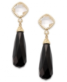 Radiate elegance. This sophisticated earring style combines faceted onyx drops (9 mm x 23 mm) and cushion-cut white topaz (5 ct. t.w.) in a 14k gold setting. Approximate drop: 1-1/2 inches. Radiate elegance. This sophisticated earring style combines faceted onyx drops (9 mm x 23 mm) and cushion-cut white topaz (5 ct. t.w.) in a 14k gold setting. Approximate drop: 1-1/2 inches.