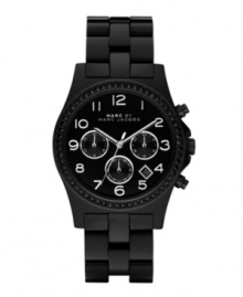 You've got your little black dress, now strap on your not-so-little black watch. The Rivera by Marc by Marc Jacobs. Glossy black nylon bracelet and round black enamel case. Bezel embellished with jet stones. Black chronograph dial features silvertone numerals, date window, three subdials, three hands and logo. Quartz movement. Water resistant to 30 meters. Two-year limited warranty. You've got your little black dress, now strap on your not-so-little black watch. The Rivera by Marc by Marc Jacobs. Glossy black nylon bracelet and round black enamel case. Bezel embellished with jet stones. Black chronograph dial features silvertone numerals, date window, three subdials, three hands and logo. Quartz movement. Water resistant to 30 meters. Two-year limited warranty.