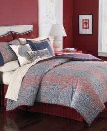 A majestic palace awaits with this Palace Blockprint comforter set from Martha Stewart Collection. Featuring an intricate and exotic print in bold red and navy blue hues, this set comes complete with a bedskirt and shams for a regal presentation.