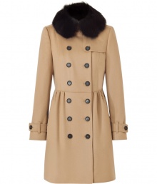 Ladylike luxe comes alive with this tailored cashmere-blend coat from Burberry London - Detachable fur collar, double-breasted, front button placket, long sleeves with belted cuffs, fitted bodice, flared bottom with pleating at waist and back - Wear with skinny jeans and a cashmere pullover or a fitted cocktail sheath Ladylike luxe comes alive with this tailored cashmere-blend coat from Burberry London - Detachable fur collar, double-breasted, front button placket, long sleeves with belted cuffs, fitted bodice, flared bottom with pleating at waist and back - Wear with skinny jeans and a cashmere pullover or a fitted cocktail sheath
