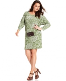 Buckle up a chic look with MICHAEL Michael Kors' three-quarter sleeve plus size dress, cinched by a belted waist. (Clearance)