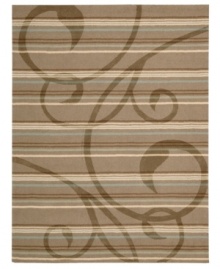 The layered look. Enhance your living area with the beautiful style and sheen of Nourison's Elements rug. Hand-loomed of plush wool for incredible texture, the luminous rug features a sweeping scrollwork design layered against earthy, neutral stripes. The layered look. Enhance your living area with the beautiful style and sheen of Nourison's Elements rug. Hand-loomed of plush wool for incredible texture, the luminous rug features a sweeping scrollwork design layered against earthy, neutral stripes.