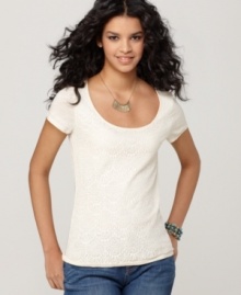 Lucky Brand Jeans revamps the classic tee with a feminine scoop neckline and lace at the front. Pair it with rugged jeans for a high contrast look! Lucky Brand Jeans revamps the classic tee with a feminine scoop neckline and lace at the front. Pair it with rugged jeans for a high contrast look!