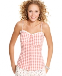 Play the country sweet vixen in this gingham print, bustier-style top from American Rag! An adorable companion to your summery bottoms!