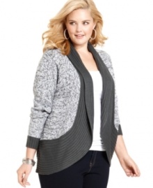 Layer your fave looks with Extra Touch's marled knit plus size cardigan, featuring an open front.