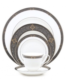 For nearly 150 years, Lenox has been renowned throughout the world as a premier designer and manufacturer of fine china. The Vintage Jewel place settings pattern from Lenox's dinnerware and dishes collection evokes a more gracious era, combining pure white bone china with a dark, richly patterned band of muted gold, taupe, charcoal, and black, and accented with subtle touches of cobalt blue. Qualifies for Rebate For nearly 150 years, Lenox has been renowned throughout the world as a premier designer and manufacturer of fine china. The Vintage Jewel place settings pattern from Lenox's dinnerware and dishes collection evokes a more gracious era, combining pure white bone china with a dark, richly patterned band of muted gold, taupe, charcoal, and black, and accented with subtle touches of cobalt blue. Qualifies for Rebate