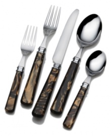 Make a statement with every place setting in the Mikasa Tortoise flatware set. Acrylic handles marbled with the rich browns of tortoiseshell work with polished stainless steel to redefine casual tables. Make a statement with every place setting in the Mikasa Tortoise flatware set. Acrylic handles marbled with the rich browns of tortoiseshell work with polished stainless steel to redefine casual tables.