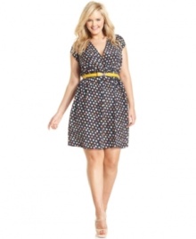 Score a super-cute look with Ruby Rox's short sleeve plus size dress, finished by a polka-dot print and belted waist!