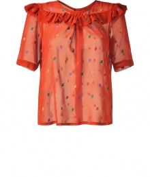 Stylish blouse in fine, orange-rust silk - Wonderfully light and flattering - Feminine, slim fit with decorative ruffled draping - Fashionable print - Moderately long with short sleeves and a round neckline - A color hit with neutral bottoms - Pair with a pencil skirt, wide flared pants, leather pants