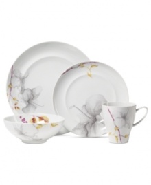 A natural at modern tables, the Aliza Gris place setting from Mikasa creates a serene landscape for casual dining. White porcelain with watercolor florals is sleek and elegant in form, but offers everyday durability. A natural at modern tables, the Aliza Gris place setting from Mikasa creates a serene landscape for casual dining. White porcelain with watercolor florals is sleek and elegant in form, but offers everyday durability.