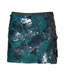 With an underwater-inspired color scheme, this sequin-laden mini-skirt from Theory injects statement-making chic to your cocktail ensemble - Thin waistband, all-over sequin embellishment, concealed side zip closure - Fitted, mini-length - Pair with a silk blouse, a boyfriend blazer, and high heel booties