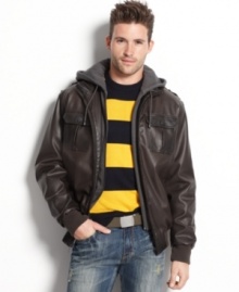 Get ready to ride in style with this hooded, faux-leather jacket from Buffalo David Bitton. Get ready to ride in style with this hooded, faux-leather jacket from Buffalo David Bitton.
