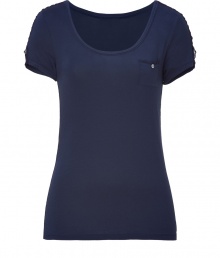 Basic tee of fine blue modal stretch has elegant upgrades - Slim cut with round neck, small chest pocket, short sleeves, lace trim and small, decorative buttons - A feminine, comfortable basic that looks great with lounge pants or jeans Basic tee of fine blue modal stretch has elegant upgrades - Slim cut with round neck, small chest pocket, short sleeves, lace trim and small, decorative buttons - A feminine, comfortable basic that looks great with lounge pants or jeans