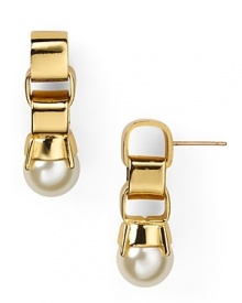 kate spade new york styles classic simplicity with this pair of stud earrings, cast in 12 karat gold plate and accented by a delicate hanging pearl.