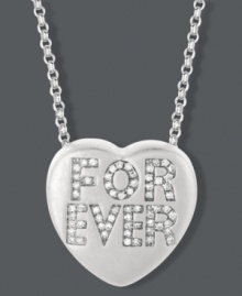 A gift that will last as long as your love. Give her this symbolic style, and she'll be forever yours. Sweethearts' stunning heart-shaped pendant features a sterling silver setting decorated by round-cut diamonds in a FOREVER design (1/6 ct. t.w.). Copyright © 2011 New England Confectionery Company. Approximate length: 16 inches + 2-inch extender. Approximate drop: 5/8 inch. A gift that will last as long as your love. Give her this symbolic style, and she'll be forever yours. Sweethearts' stunning heart-shaped pendant features a sterling silver setting decorated by round-cut diamonds in a FOREVER design (1/6 ct. t.w.). Copyright © 2011 New England Confectionery Company. Approximate length: 16 inches + 2-inch extender. Approximate drop: 5/8 inch.