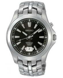 The future of timekeeping. Once set, the calendar on this Seiko watch automatically adjusts for odd and even months, including February of leap years. Stainless steel bracelet and round case. Black dial with silvertone stick indices, logo and date window. Perpetual calendar movement. Water resistant to 100 meters. Three-year limited warranty. The future of timekeeping. Once set, the calendar on this Seiko watch automatically adjusts for odd and even months, including February of leap years. Stainless steel bracelet and round case. Black dial with silvertone stick indices, logo and date window. Perpetual calendar movement. Water resistant to 100 meters. Three-year limited warranty.
