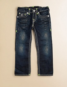 Thick, contrast stitching with neon bartacks, silvertone hardware and signature horseshoe pockets define this slim-fitting, dark wash pair.Front button closureAdjustable waistband with belt loopsZip flyFive-pocket styleCottonMachine washImported of domestic fabric