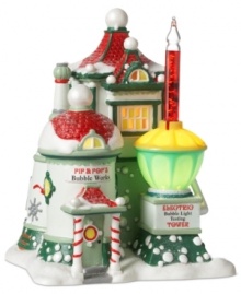 See holiday magic take place at Pip & Pop's Bubble Works. The electric bubble light testing tower performs quality checks on each new product to ensure an always-brilliant holiday in North Pole Village and beyond.