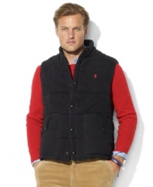 Designed for comfort and warmth, a cozy fleece vest is constructed from a soft cotton blend and lined in plaid cotton twill for an outdoorsy feel. Designed for comfort and warmth, a cozy fleece vest is constructed from a soft cotton blend and lined in plaid cotton twill for an outdoorsy feel.