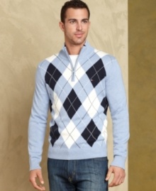 Handsome argyle makes a good first impression with this fresh sweater from Tommy Hilfiger. Handsome argyle makes a good first impression with this fresh sweater from Tommy Hilfiger.