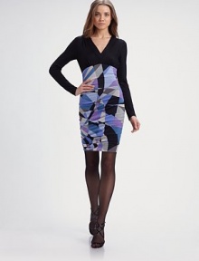 A solid bodice anchors the colorful, kinetic print on this form-fitting, sexy silhouette.V necklineLong sleevesSide ruchingConcealed side zipFully linedAbout 26 from natural waist80% wool/18% nylon/2% elastaneDry cleanMade in Italy of imported fabricModel shown is 5'10 (177cm) wearing US size 4. 