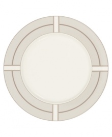 Metallic bronze lines meet and curve to create a sleek geometric pattern on this round serving platter from Noritake's collection of serveware and serving dishes. Crafted in durable bone china and trimmed with platinum for fine dining or everyday use. Metallic bronze lines meet and curve to create a sleek geometric pattern on this round serving platter from Noritake's collection of serveware and serving dishes. Crafted in durable bone china and trimmed with platinum for fine dining or everyday use.