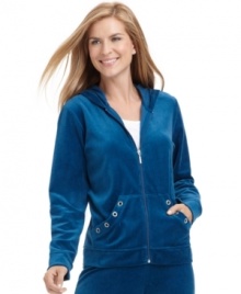 Lounging just got more luxurious with this zip-up hoodie from On Que, featuring rhinestone grommets and lush velour.